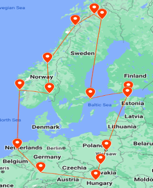 A screenshot of the map of our interrail trip