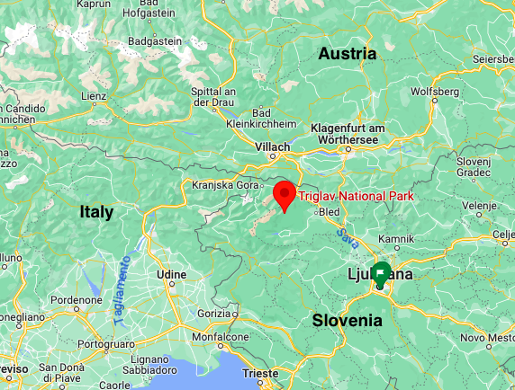 Map representing where Triglav National Park is compared to its European neighbors