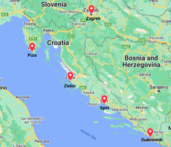 Map of Croatia's main international airports