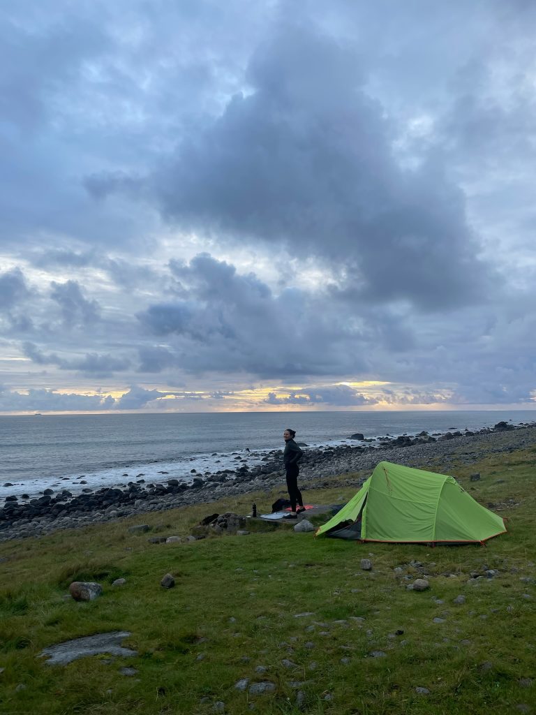 view of our tent on night 2 cycling the lofoten islands